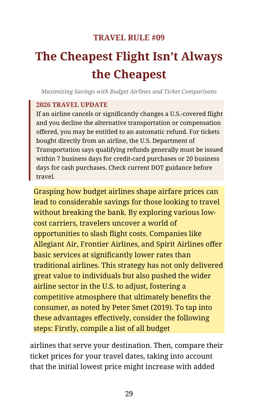 Actual page 29 showing Travel Rule 09: The Cheapest Flight Isn't Always the Cheapest